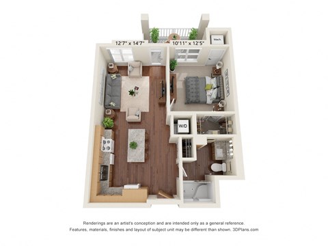 Floor plan for 1 bed, 1 bath, 715 sqft